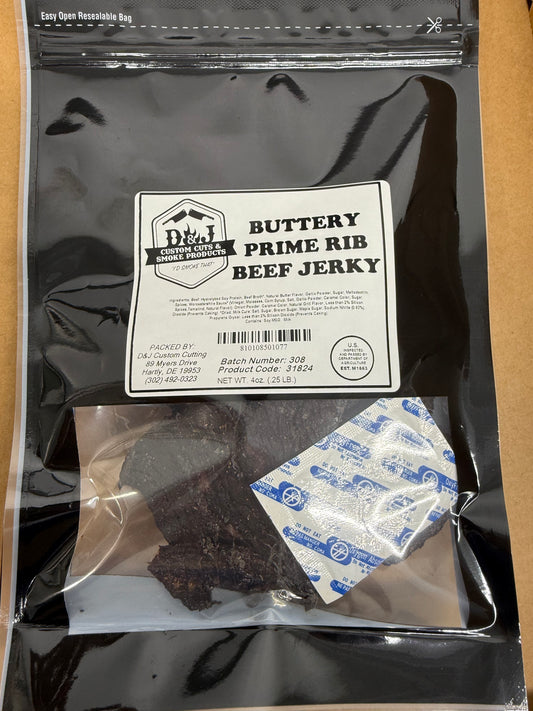 Buttery Prime Rib Beef Jerky in black packaging with white label