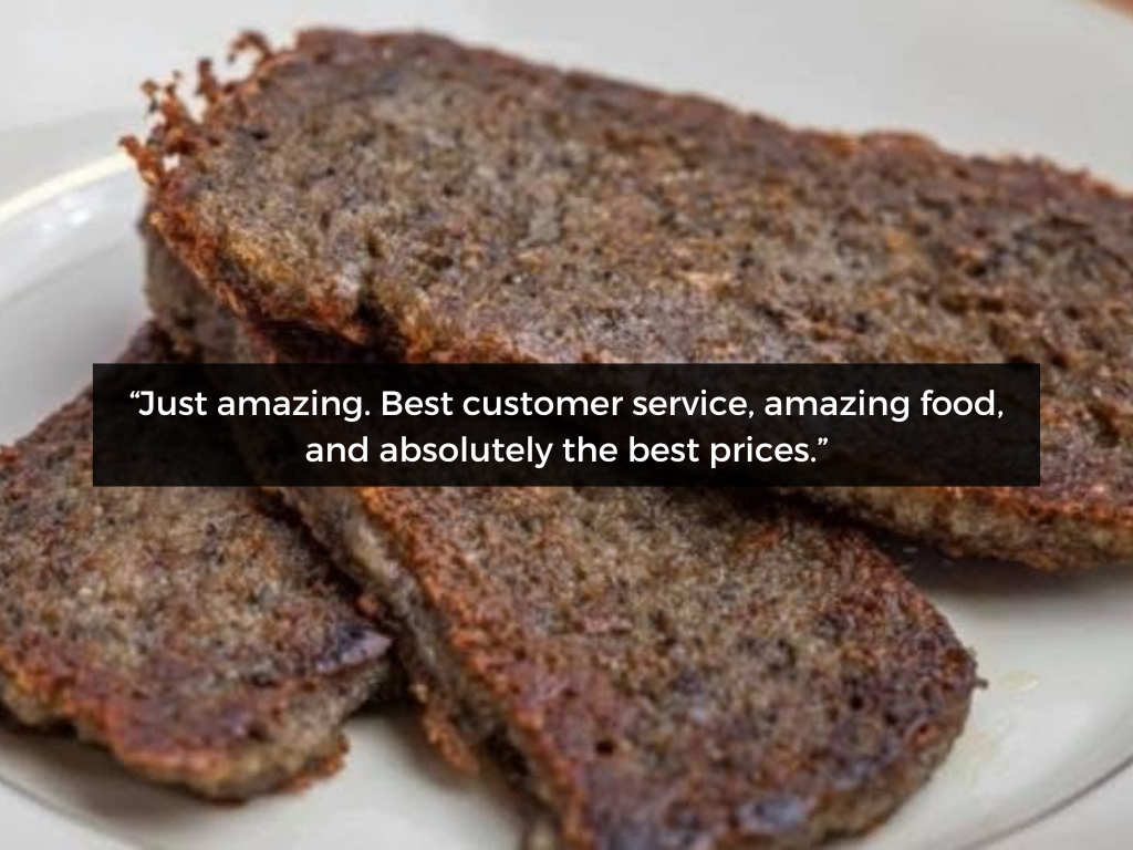 Customer testimonial that says "just amazing. Best customer service, amazing food, and absolutely the best prices."